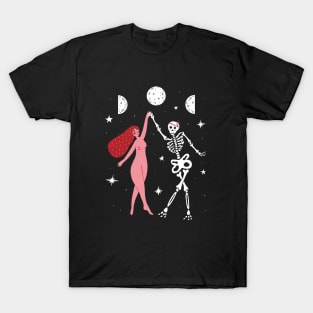 Woman Dancing With Skeleton under Full Moon illustration T-Shirt